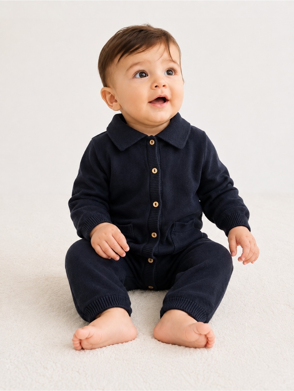 H&M Baby 9M Navy Blue Organic Cotton Knit Button Up One Piece Romper